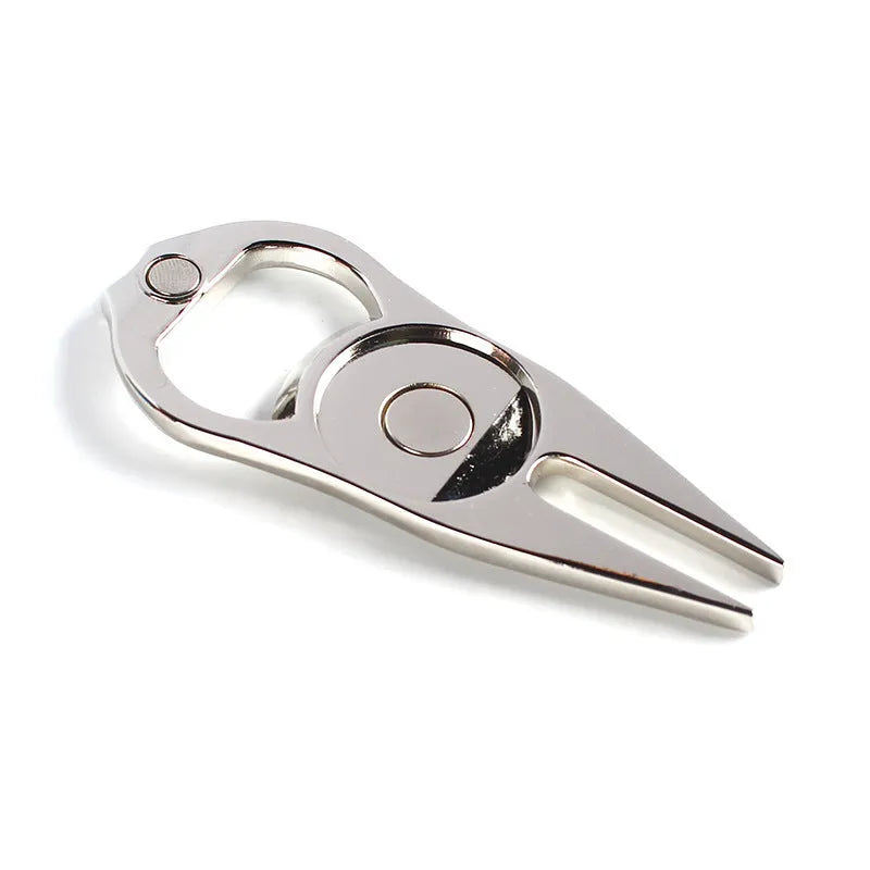 Zinc alloy golf ball fork and bottle opener tool in black, green or silver colour options