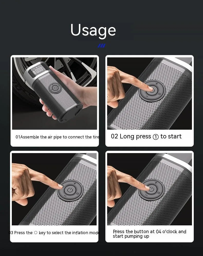 Black portable wireless air pump with 15cm tube, multiple nozzles, and storage bag