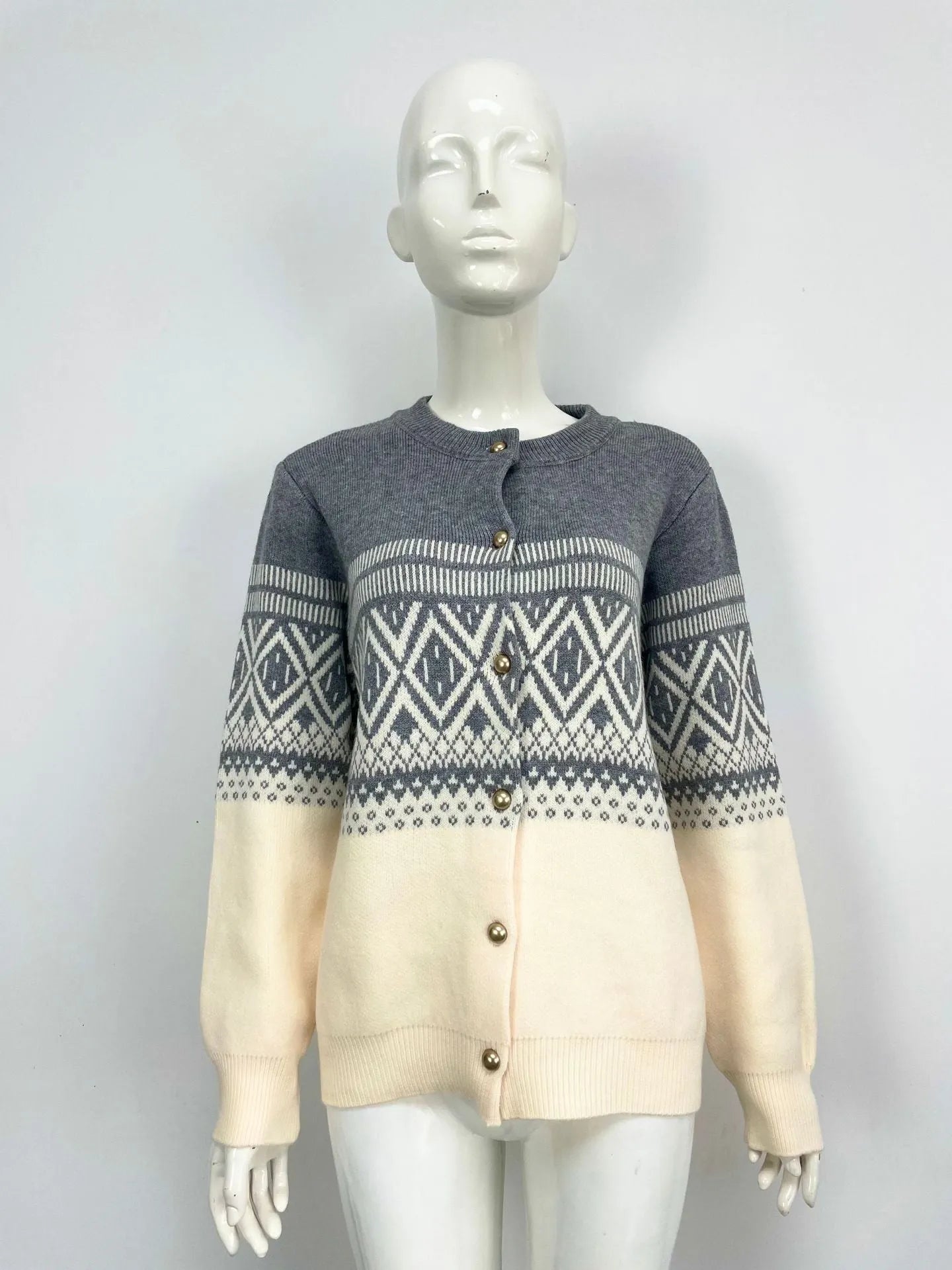 Women's alpaca wool diamond knit cardigan with long sleeves and contrast colour detailing