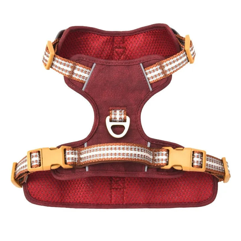 Retro leather pet harness in brown with reflective stripes, explosion-proof design, available in sizes XXS to L
