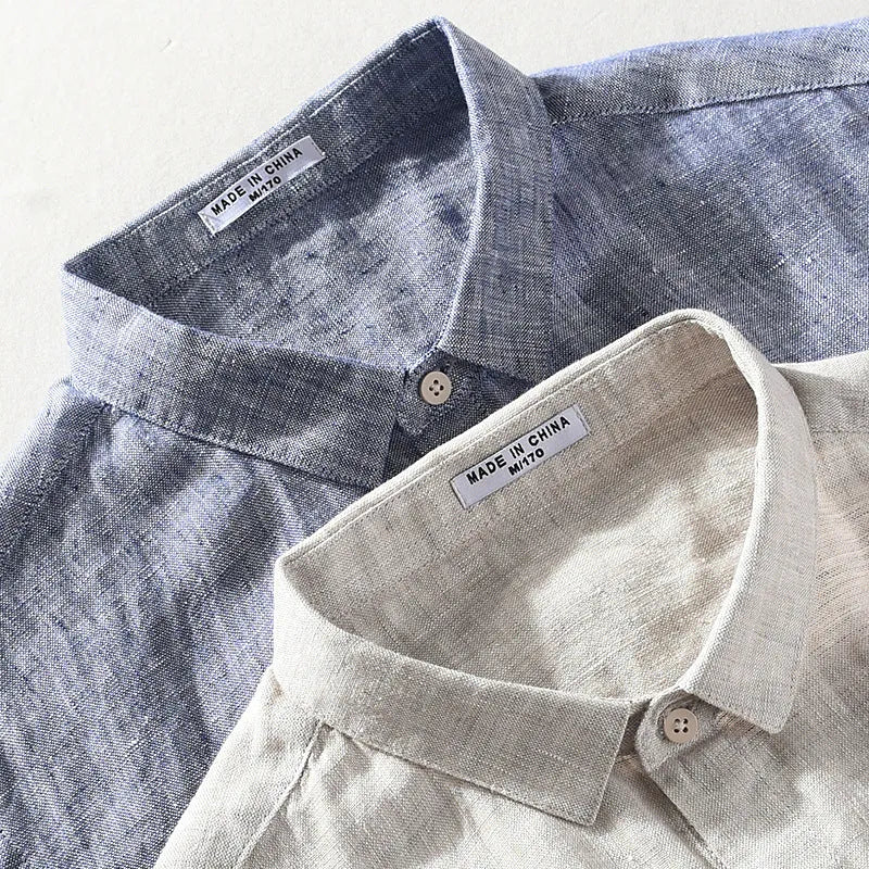 Men's casual short sleeve linen shirt with square collar in raw jute and grey colours