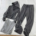 Grey three-piece women's casual sports suit with long sleeve princess top, shorts and vest, sizes L to 4XL