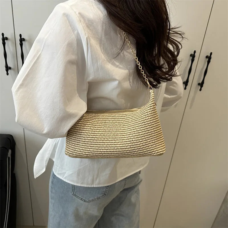 Straw woven square shoulder tote bag with polyester lining and phone compartment in khaki colour