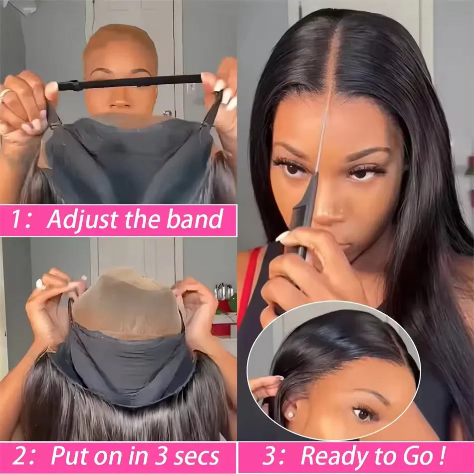 Glueless straight human hair wig with side bangs shown in 180% density and 22-inch length.