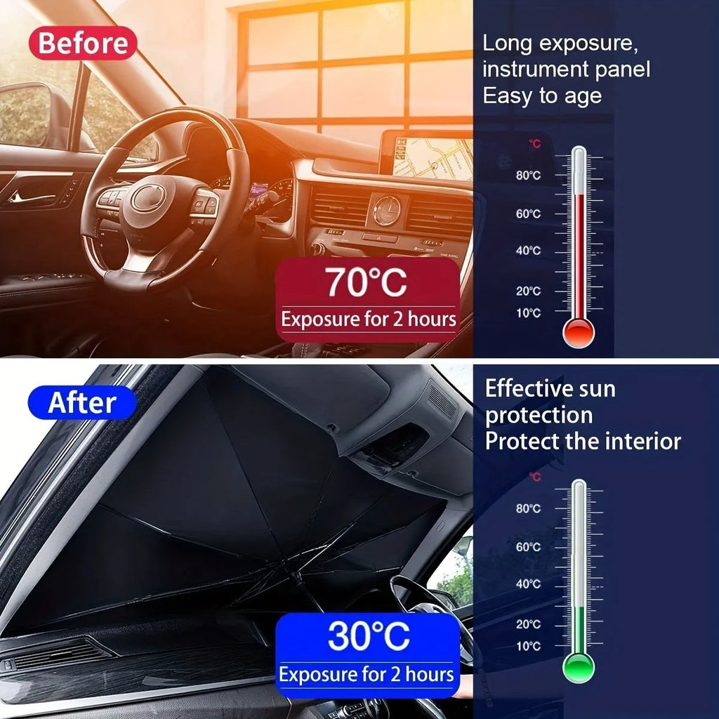 Foldable car windshield sunshade umbrella showing open and folded positions