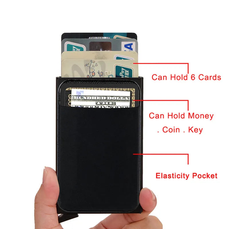 Frosted aluminium alloy RFID-blocking credit card holder in multiple colours, showing slim profile.