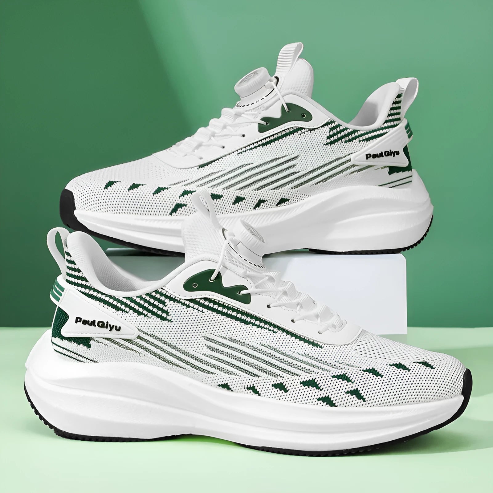 Men's white and green rotating buckle Fly-kit mesh sports shoes with round toe and flat heel design