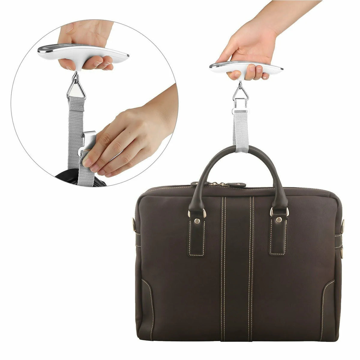 Silver portable LCD digital luggage scale with belt on handle, 50kg capacity