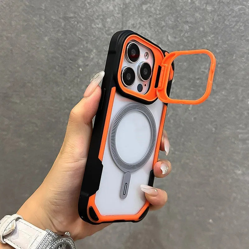 Creative bracket phone case with lens cover and four-corner airbag drop protection for iPhone 13 to 16 Pro Max