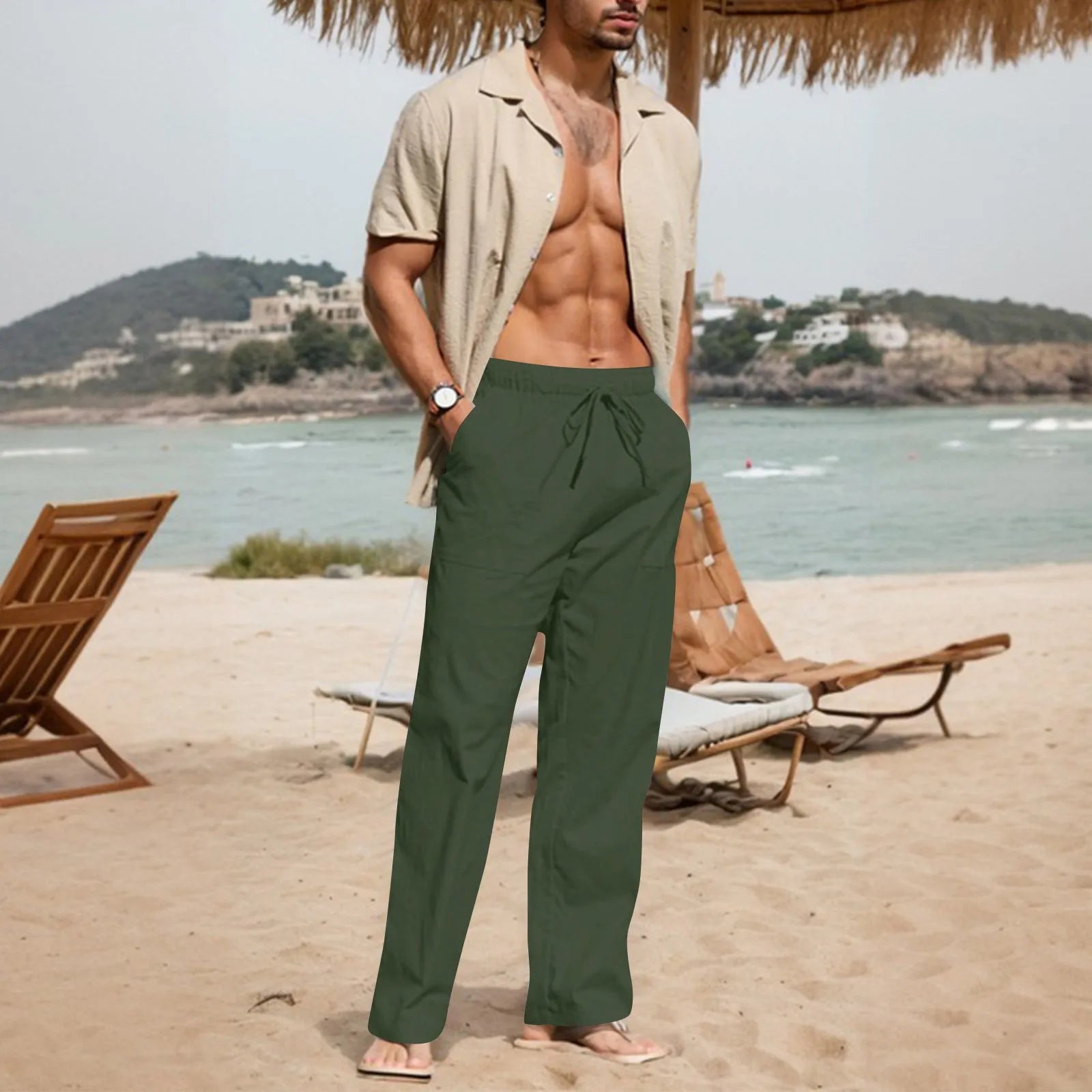 Men's cotton linen straight leg trousers with drawstring waist in various colours