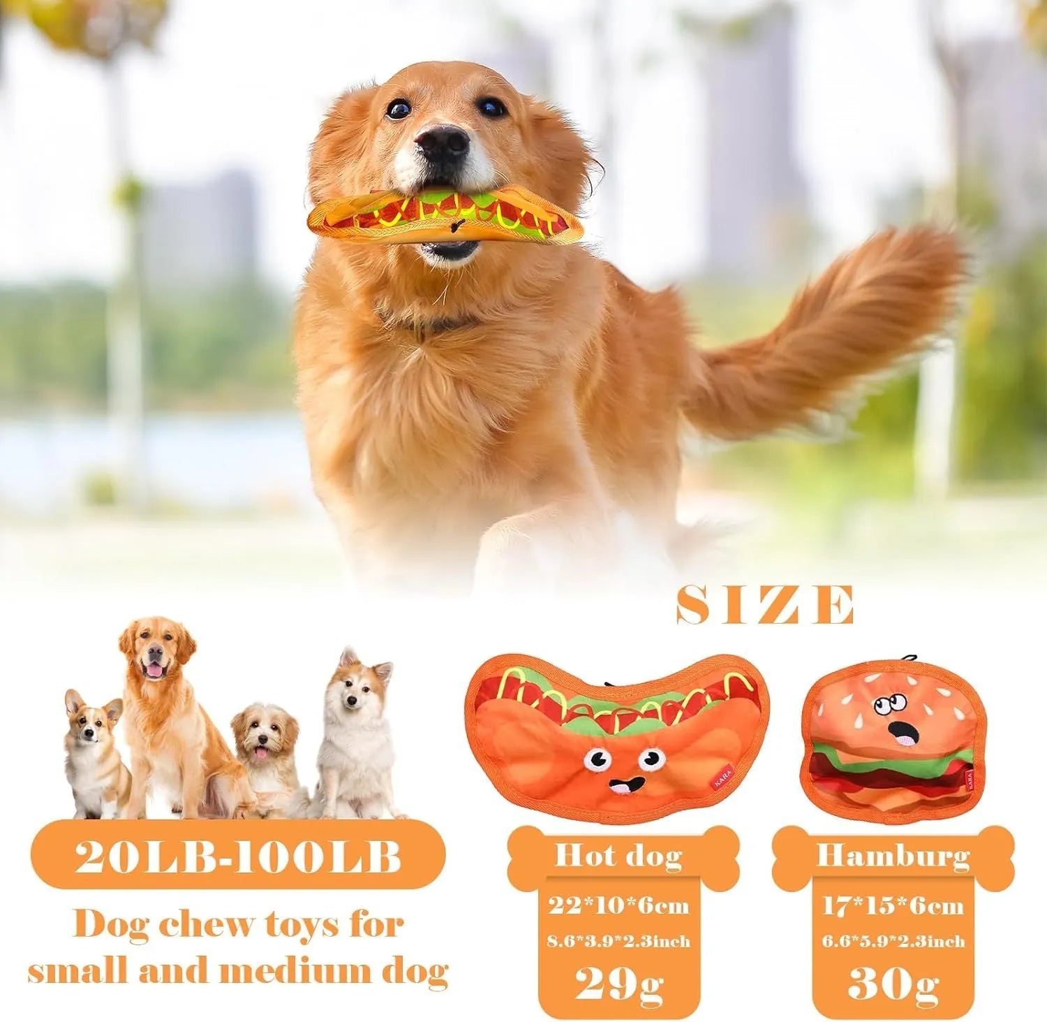 Food-shaped crinkle and squeaky dog toy in hamburger, fries, hot dog, or pizza design for interactive play.