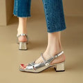 Women's French style open toe high heel sandals with buckle and fish mouth square toe in gold or silver, sizes 34-40