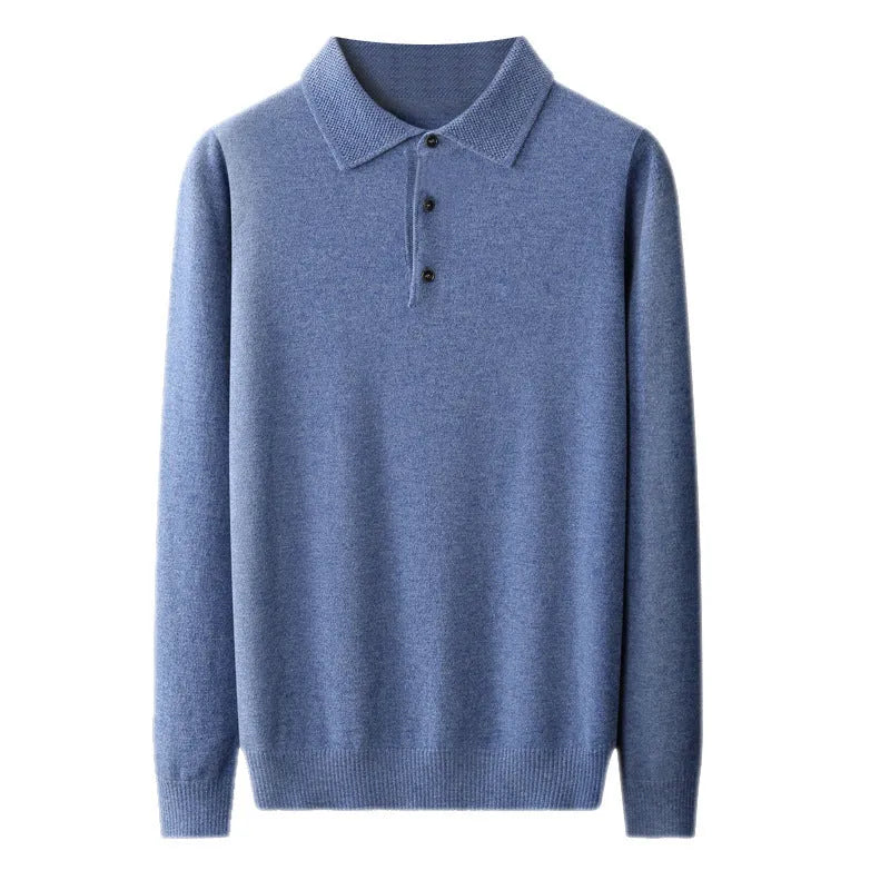 Men's woolen polo collar sweater pullover in various colours on a size chart background