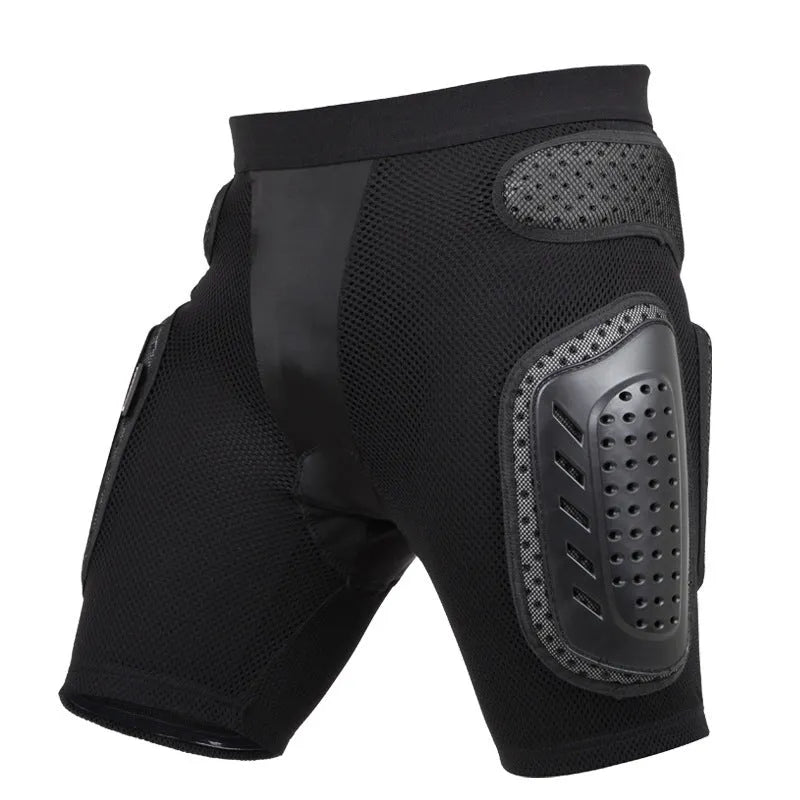 Black cycling hip protection pants showing adjustable sizing and hip padding for sports safety