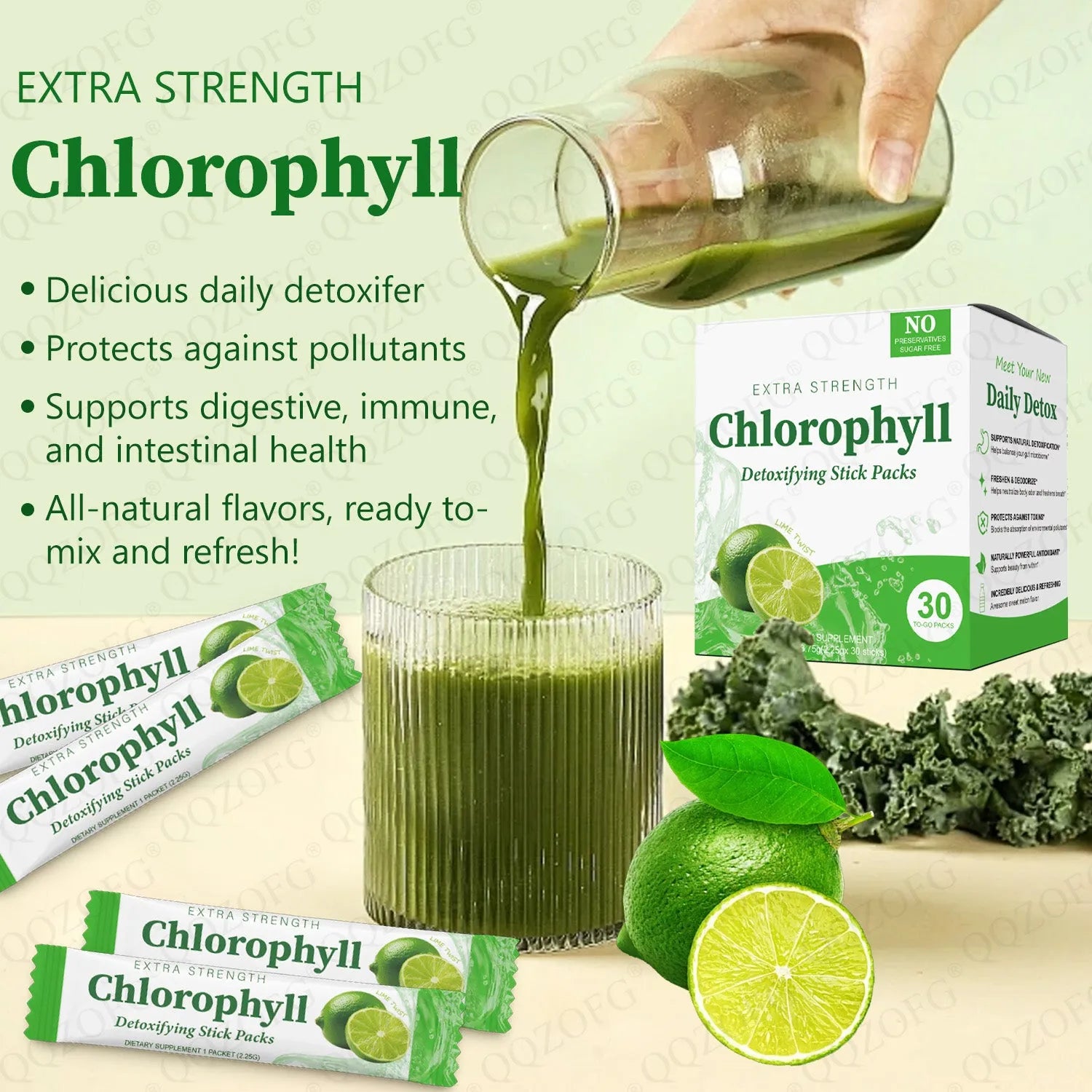 Box of 30 extra strength chlorophyll stick packs with key lime vanilla flavour, showing green powder and individual sachets