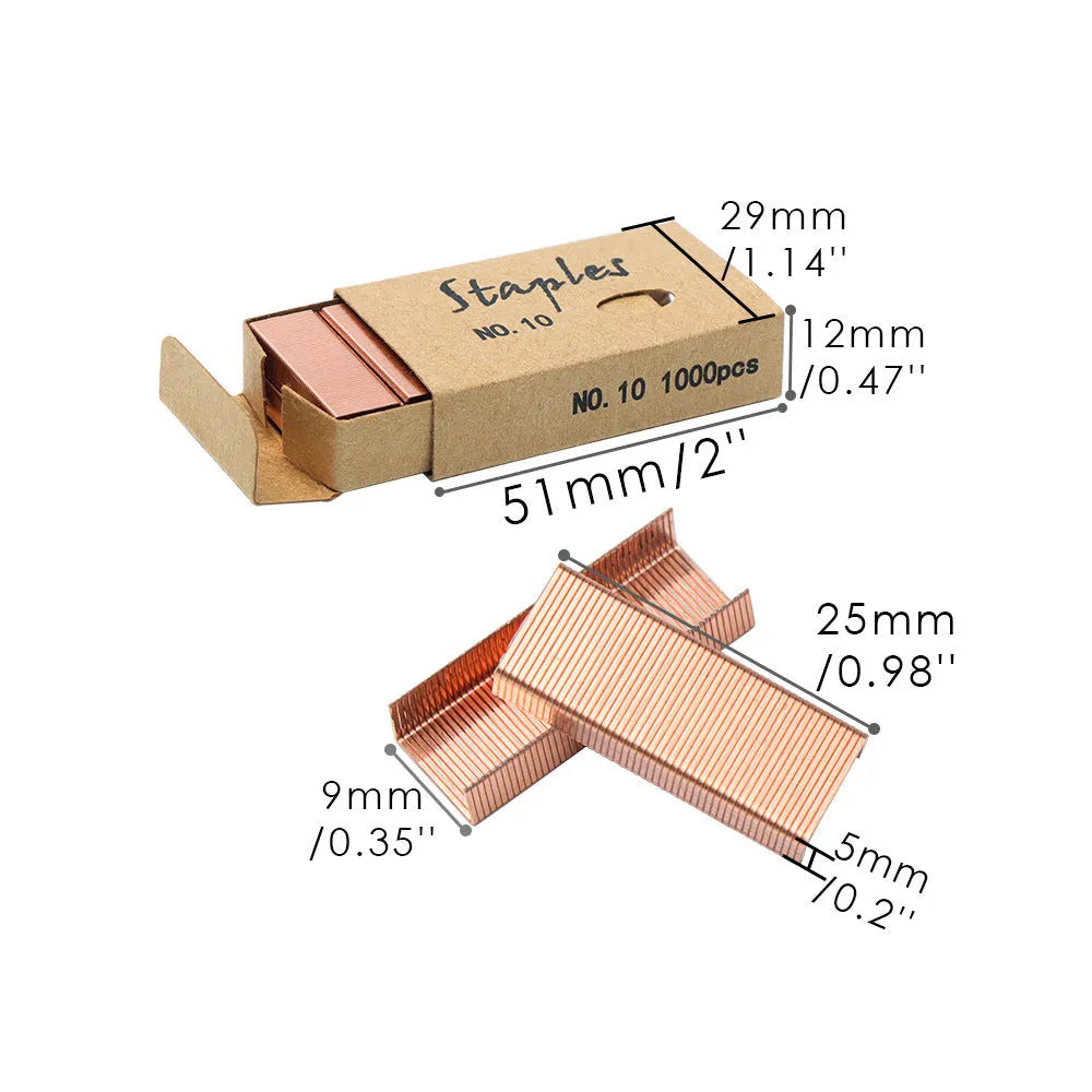 Box of 1000 metal stitching needles and staples in black, purple, rose gold, and rose red colour options.