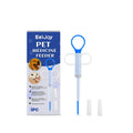 Pet medicine feeder with PP body and silica gel tips, shown with split head and round head attachments in blue and white