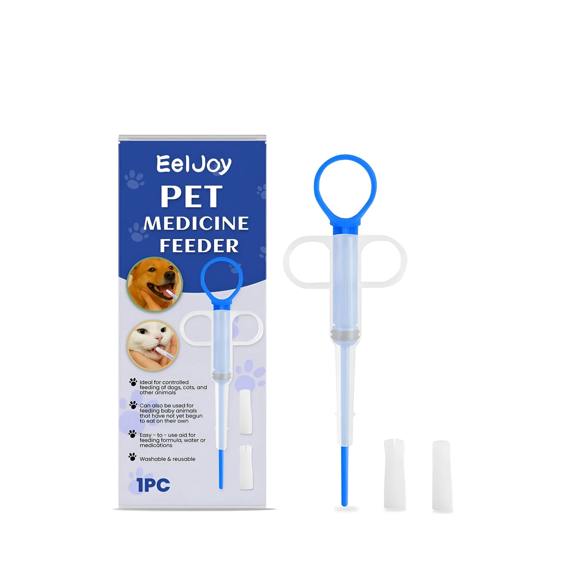 Pet medicine feeder with PP body and silica gel tips, shown with split head and round head attachments in blue and white