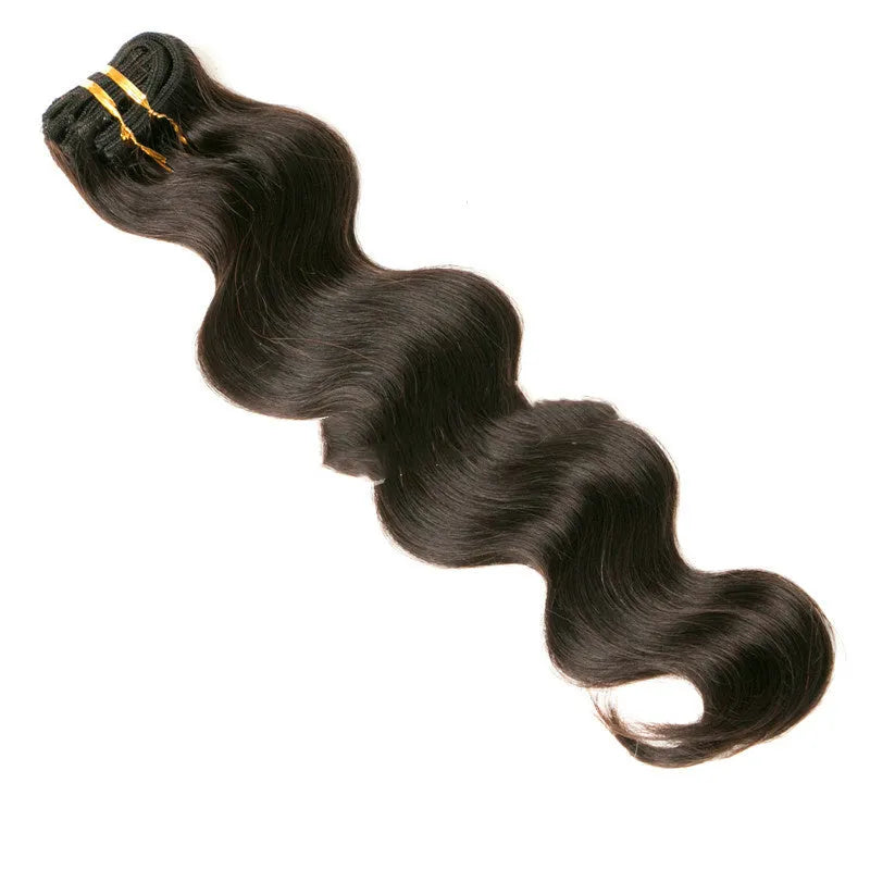Seven-piece clip-in real hair extension set in black, lengths 16-24 inches, with Qi bangs style