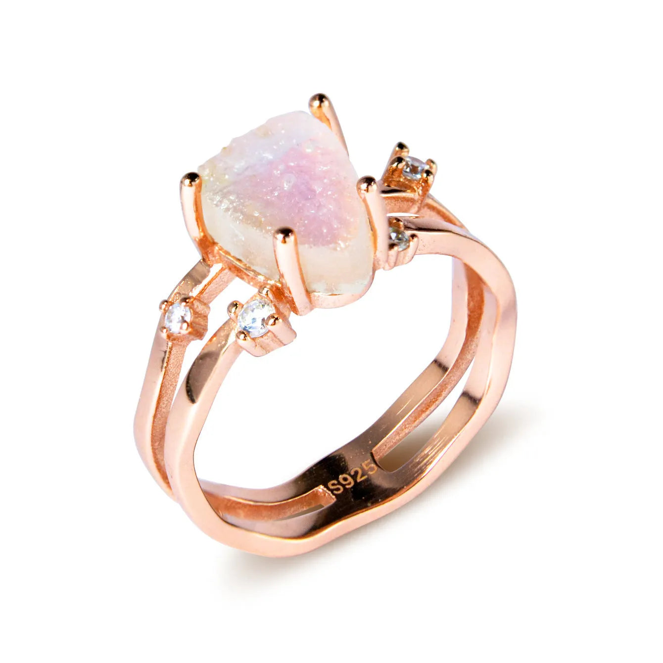 S925 silver geometric ring with triangular moonstone in rose, white, or yellow gold plating on a size guide.