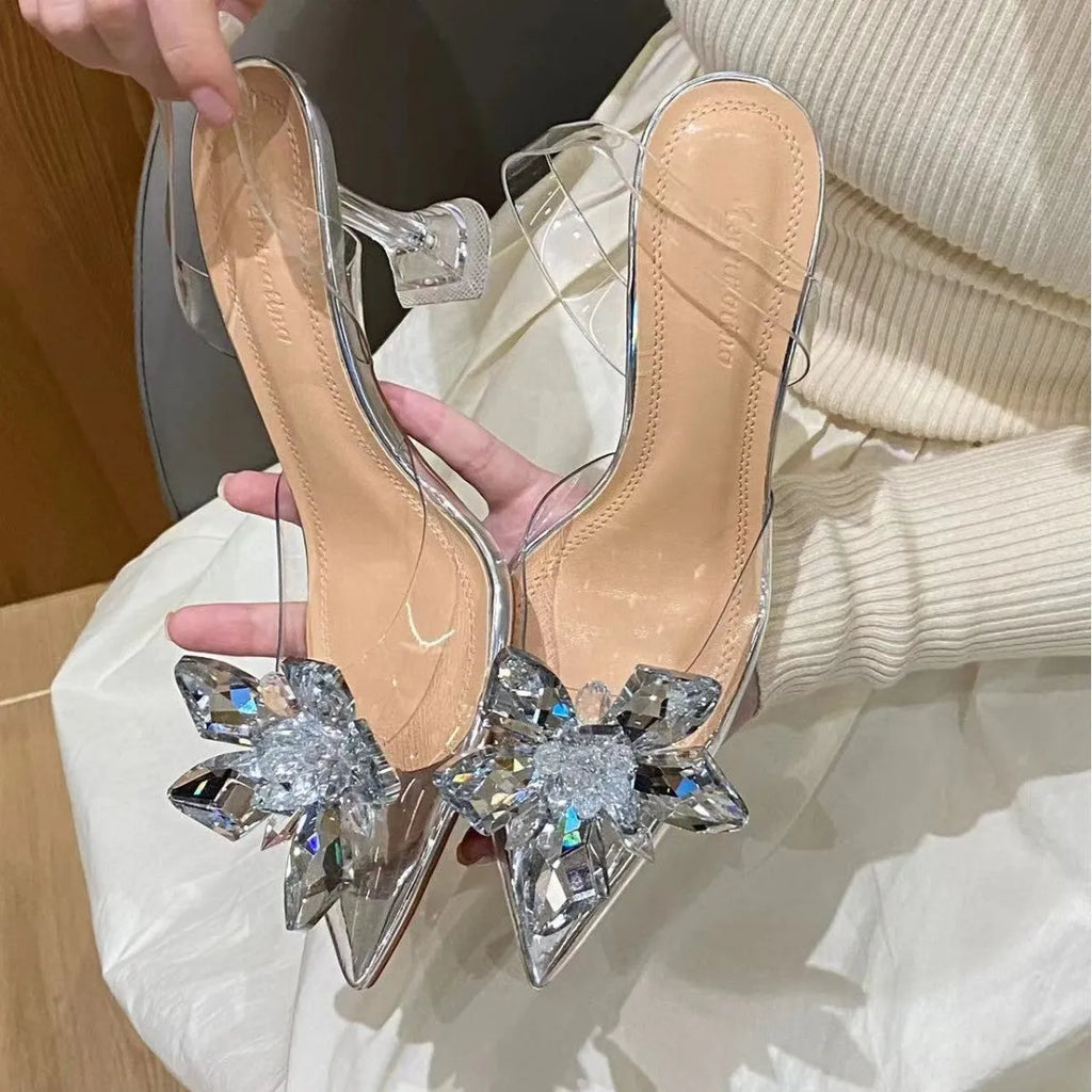 Transparent women's high heels with crystal flower decoration on heel