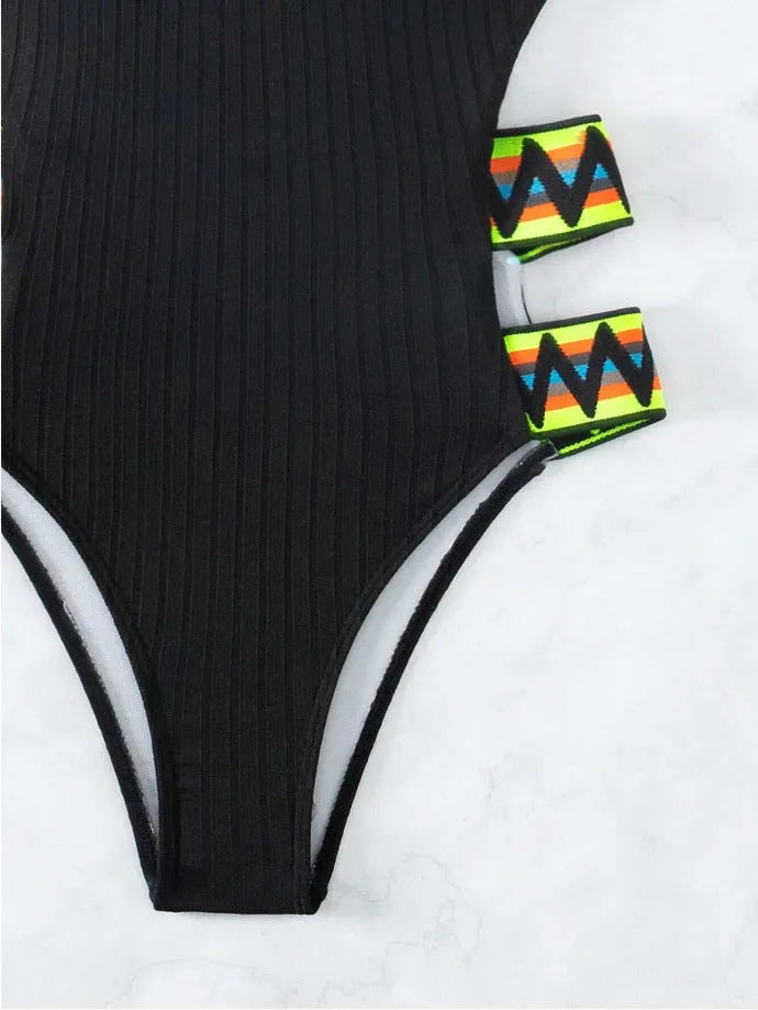 Women's black one-piece swimsuit bikini solid colour polyester swimwear