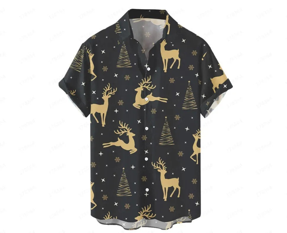 Man wearing a short-sleeved Hawaiian shirt with a colourful 3D printed pattern, suitable for casual summer wear.