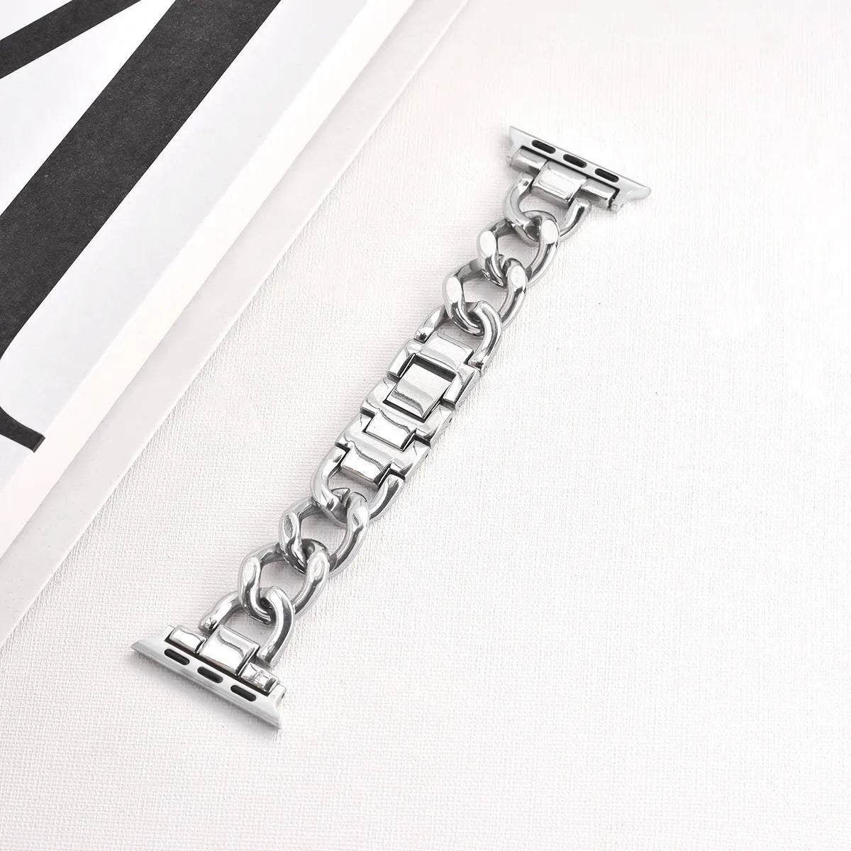 Denim-style metal chain watch strap for Apple Watch in silver, black, gold, rose gold, and starlight colours