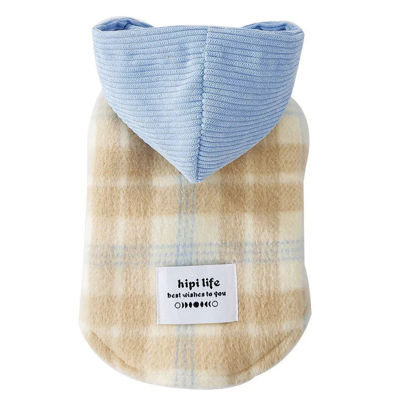 Blue corduroy chessboard pattern hooded vest for dog on size chart showing weights from 0.5kg to 10kg