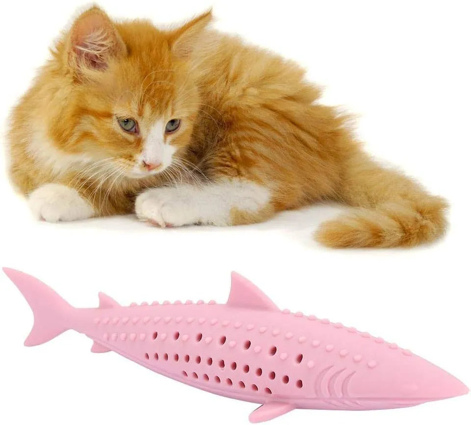 Green silicone fish-shaped chew toy for cats on a white background.