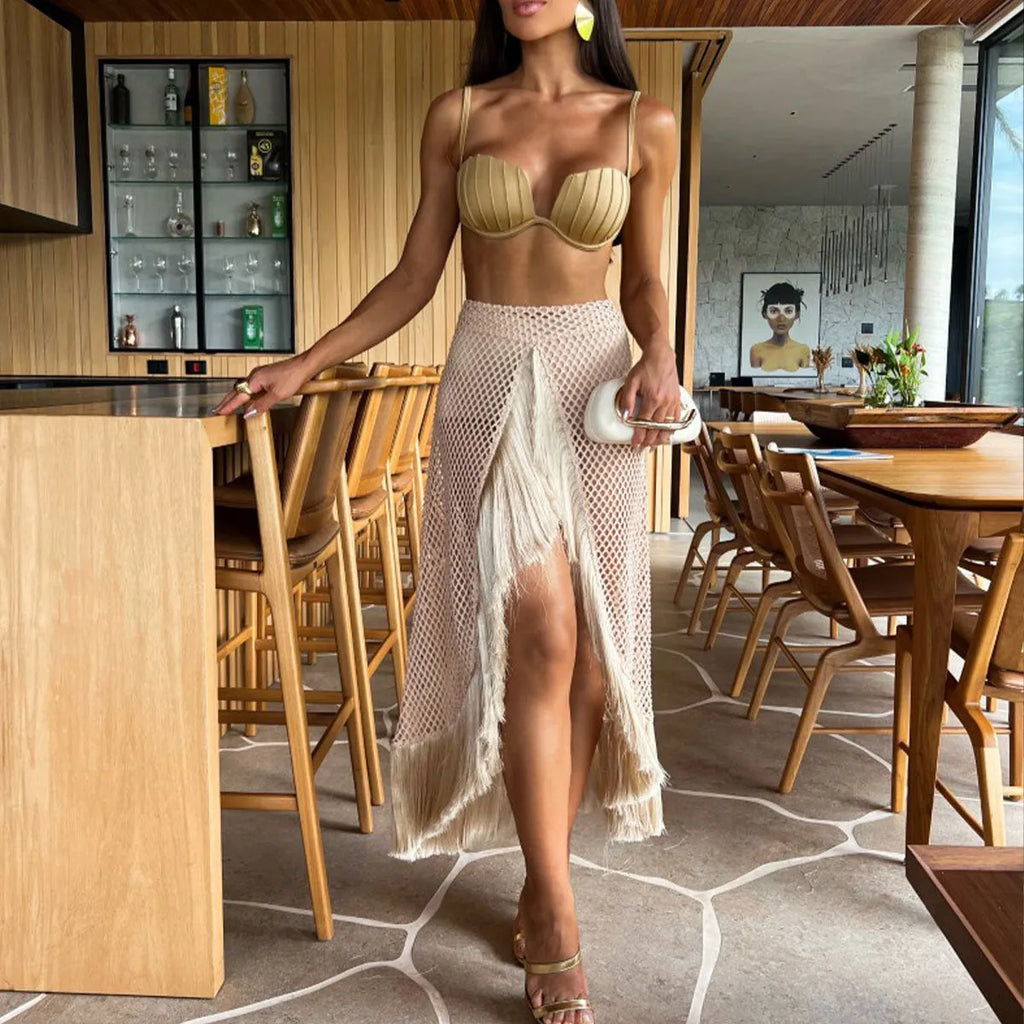 Women's bikini three-piece set with half-length tulle skirt, tassels, in colour Suit