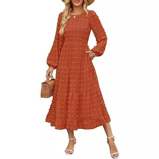 Women's high waist autumn dress with long ruffled sleeves in a solid colour