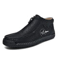 Men's brown slip-on leather loafers with round toe and rubber sole shown from side view