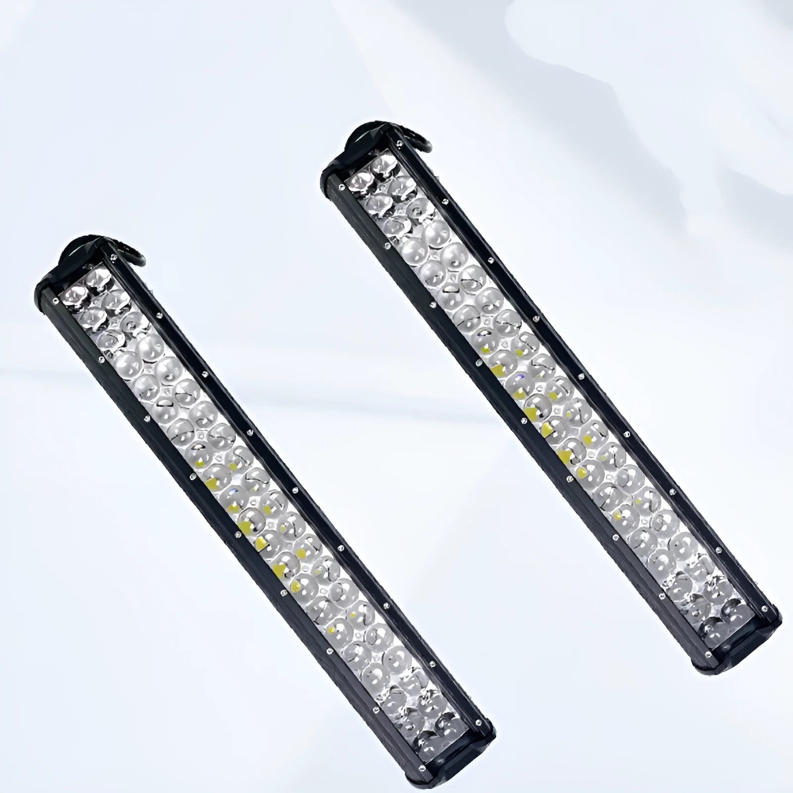Black aluminium alloy double row LED strip light for off-road truck and agricultural machinery use.