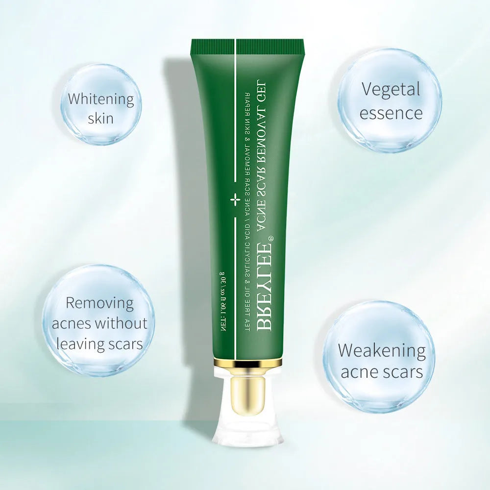 Acne scar removal gel with tea tree oil in a 30g green tube, Qu Dou Printing