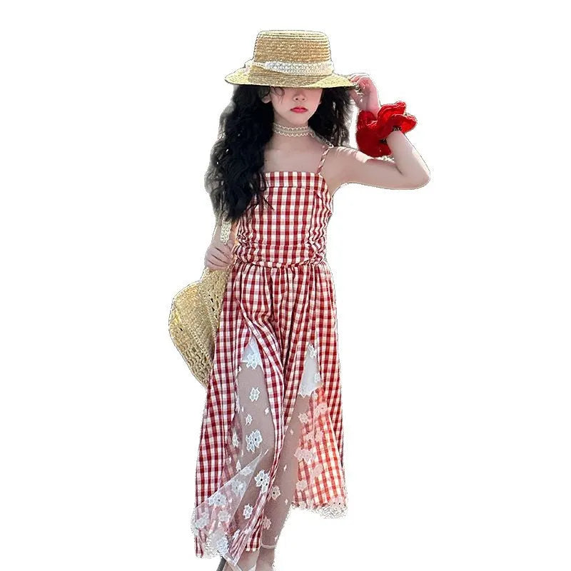 Red plaid non-slip girls dress with lace stitching and cartoon pattern