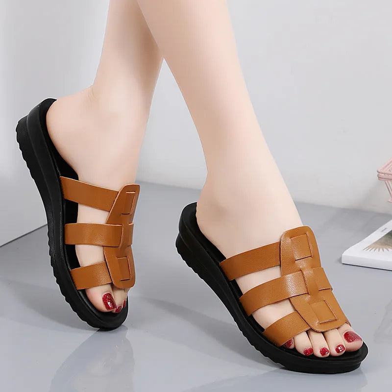 Women's beige flat bottom slippers with viscose uppers and soft soles