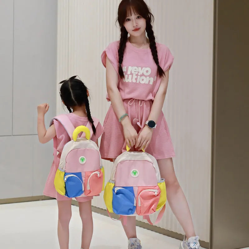 Children's trendy backpack lightweight Oxford cloth solid colour school bag blue pink yellow