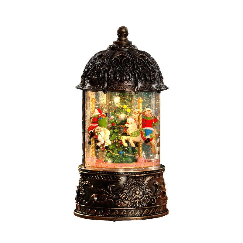 Christmas carousel music box plastic spinning ornament with old man and tree motif bronze finish