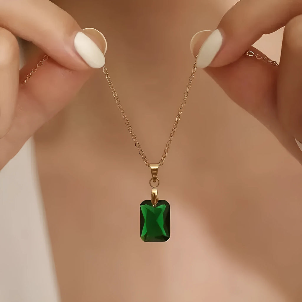 Copper rectangular geometric pendant necklace in XL1006 Green colour on an O-ring chain.