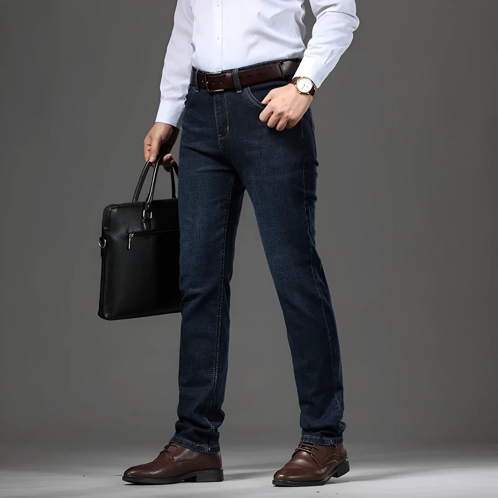 High-stretch denim trousers in straight-leg business casual style with zip placket