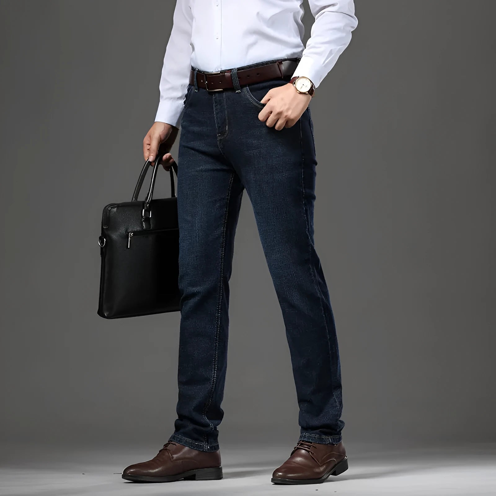 High-stretch denim trousers in straight-leg business casual style with zip placket