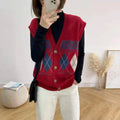 Sleeveless loose cardigan with diamond plaid pattern in acrylic knit fabric