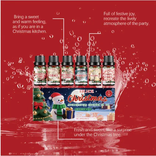 Christmas aromatherapy oil diffuser set showing six 10ml bottles with reed sticks