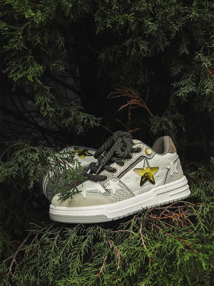 Cowhide leather low-top platform running shoes in 'West Lake Dragon Well Tea' colour with round toe and lace-up front.