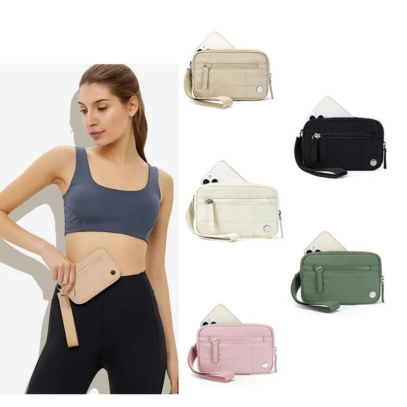 Women's waterproof quilted handbag in a light colour with a transparent front deck panel.