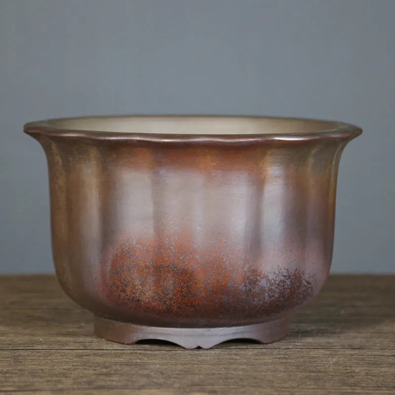 Indoor antique carved ceramic flower pot with purple sand finish in S1696 firewood colour