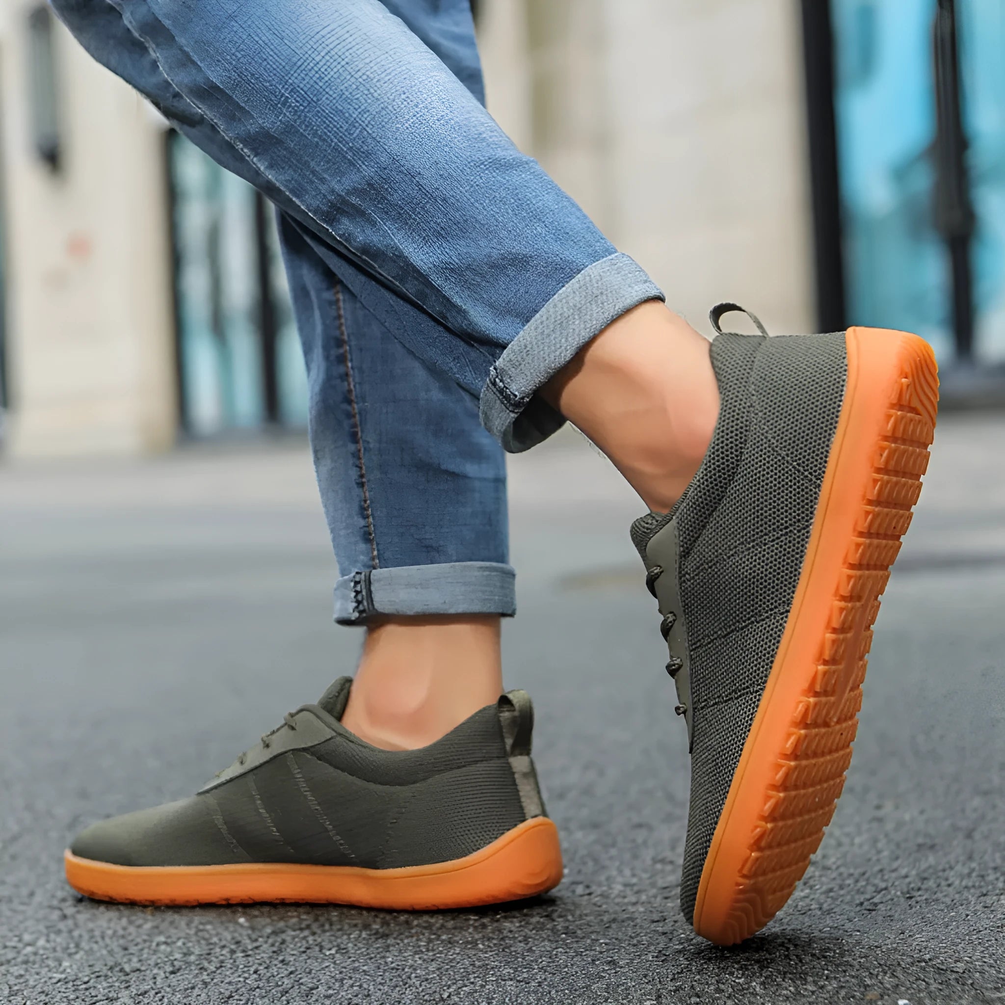 Men's wide fit walking shoes with Flyknit upper in black, green, camel, or white with rubber sole