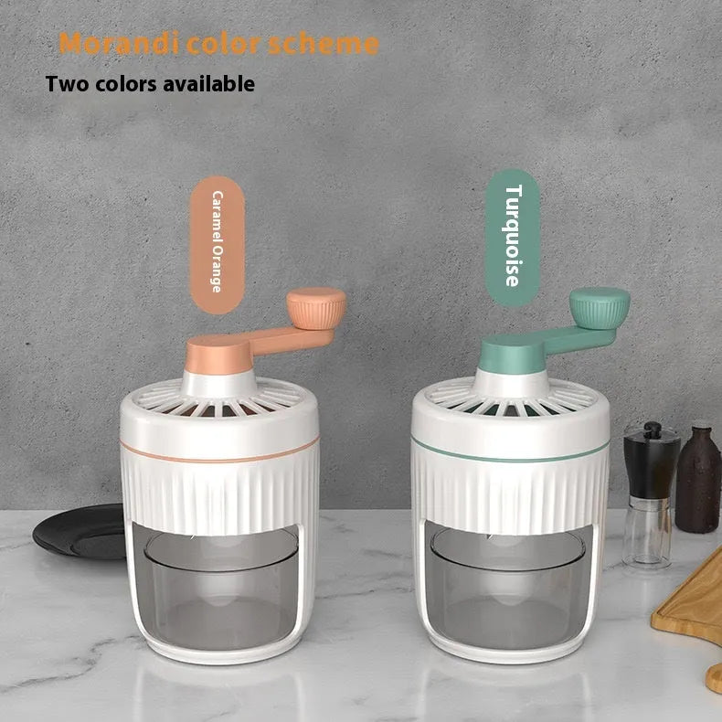 Hand-cranked ice shaving machine in green and orange, with removable ice box and ergonomic handle