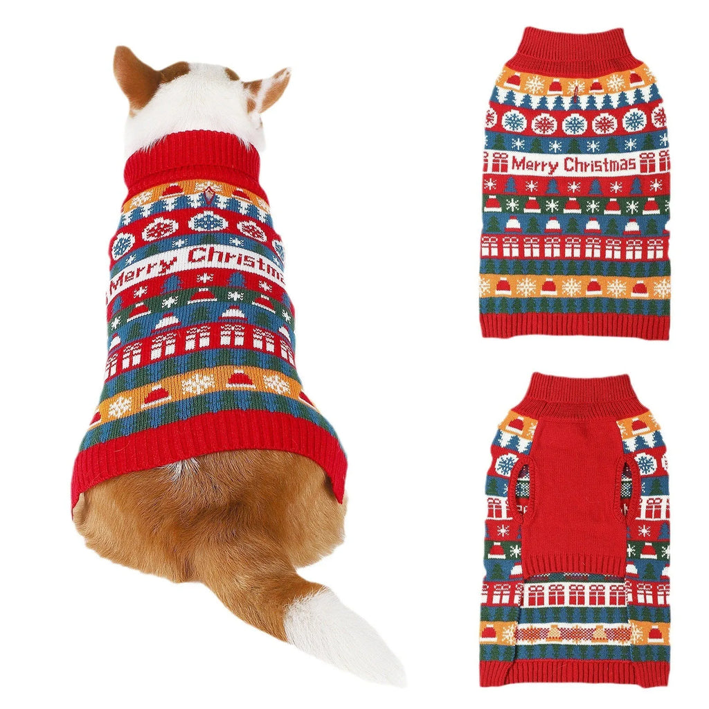 Pet dog wearing a red and green Christmas turtleneck wool sweater, side view